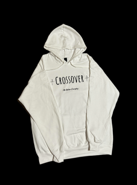 White Hoodie With Black "Crossover" Logo